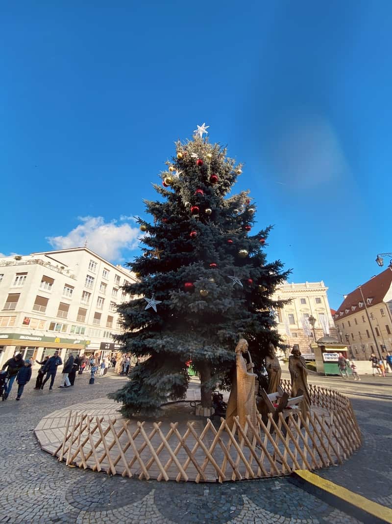 Großer Christbaum am Weihnachtsmarkt in Bratislava vor dem Nationaltheater